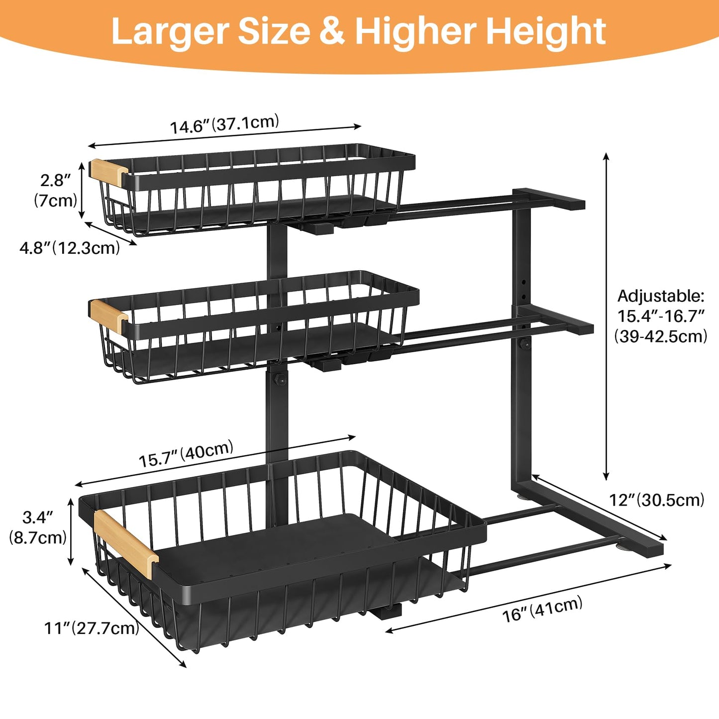 PXRACK Under Sink Organizer, 3-Tier 2-Pack Adjustable Height Pull Out Under Cabinet Organizer, Slide Out Thickened Metal Under Sink Storage for Kitchen Bathroom Laundry Pantry Organization, Black