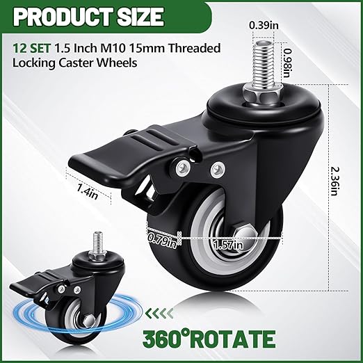 Set of 12 M10 Caster Wheels 1.5 Inch M10 x 15 mm Swivel Threaded Stem Caster Locking Standing Desk Wheels Heavy Duty 360° Polyurethane with Dual Brake, No Noise 400 lb for Cart Desk Furniture