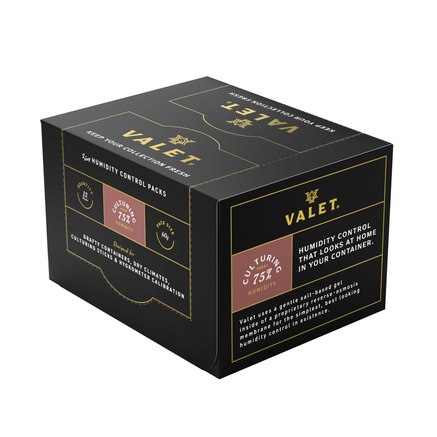 Valet 75% Two-Way Humidity Packs 12-Pack (60g), Bulk Two-Way Humidity Control Packs for Moisture Restoration & Leaky Wood Storage, Made in USA