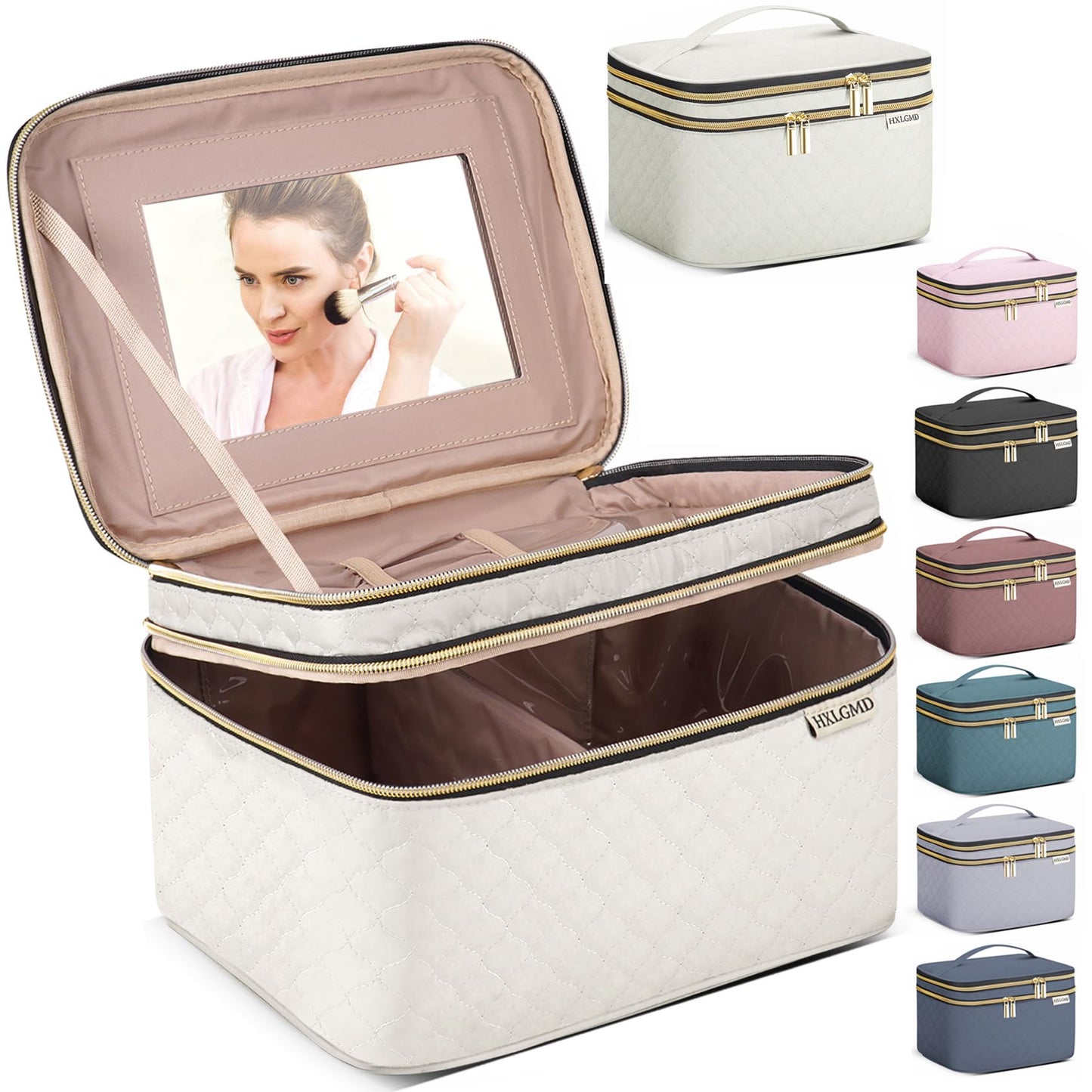 HXLGMD Large Makeup Bag with Mirror Double Layer Travel Make Up Organizer Case, Large Capacity Coemetic with Brush Slot Divider, Travel Toiletry Bag for Women - White/Beige