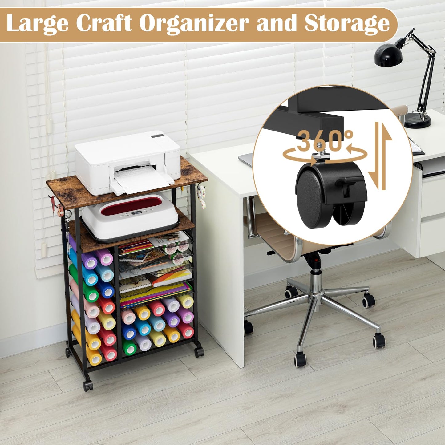 Craft Organizers and Storage Compatible with Cricut Machine Rolling Craft Storage Cart with 29 Vinyl Roll Holders & 6 Hooks Crafting Table Organization Workstation for Craft Room Home, Rustic Brown