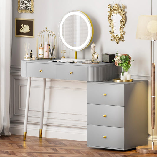 WinZo 36" Vanity Desk with Mirror and 3 Light Modes, Dressing Table Set with 5 Sliding Drawers, Makeup Desk with Charging Station, Modern Vanity for Small Spaces & Bedroom, Gray