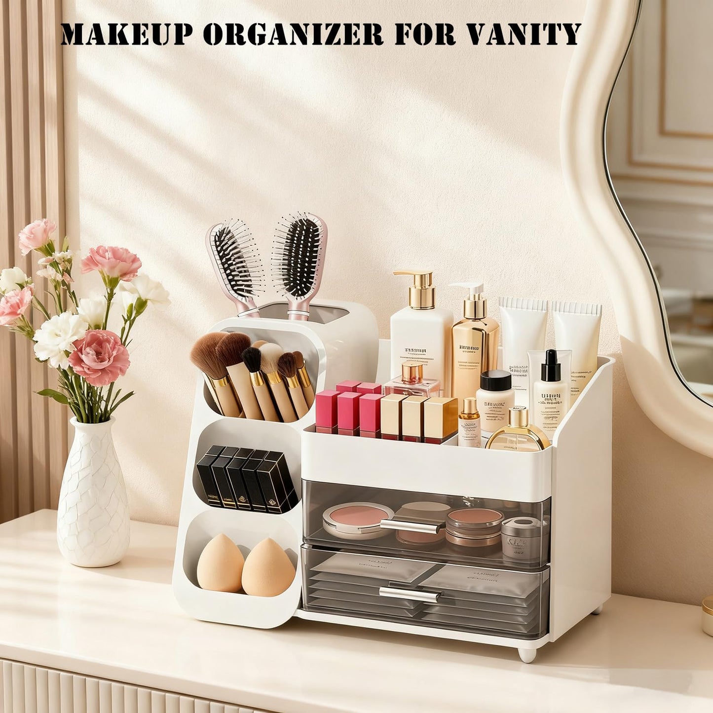 ShinyDew Bathroom Countertop Makeup Organizer with Brush Holder, Large Cosmetic make up storage organizers with 2 Drawers for Vanity Counter top, Makeup Caddy for skincare, lipsticks, hairbrush