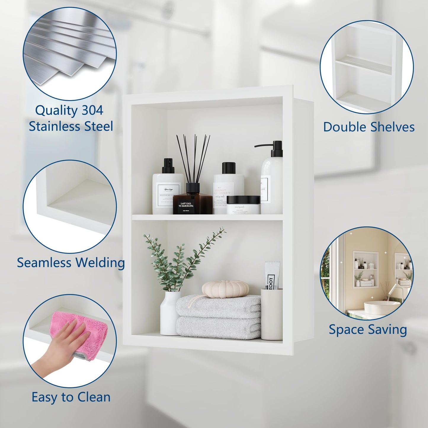 Qeke 14x18 Medicine Cabinet Recessed, Medicine Cabinet Without Mirror, 304 Stainless Steel Medicine Wall Niche with Double Shelves, Matte White