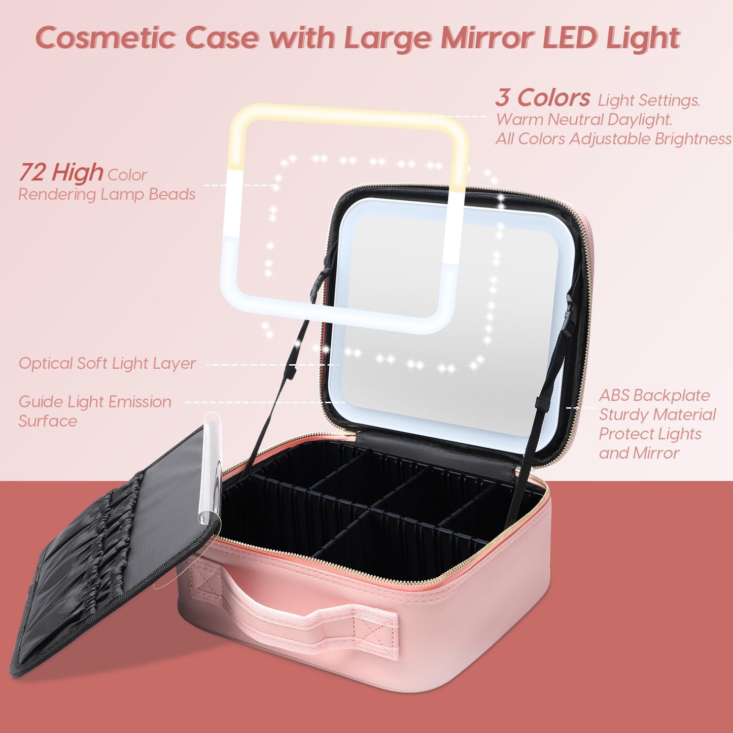 Gdsshuhung Makeup Bag with Mirror and Light, Cosmetic Travel Case with Mirror, Large Makeup Organizer with Mirror, Portable Makeup Case with Mirror for Women (Pink)