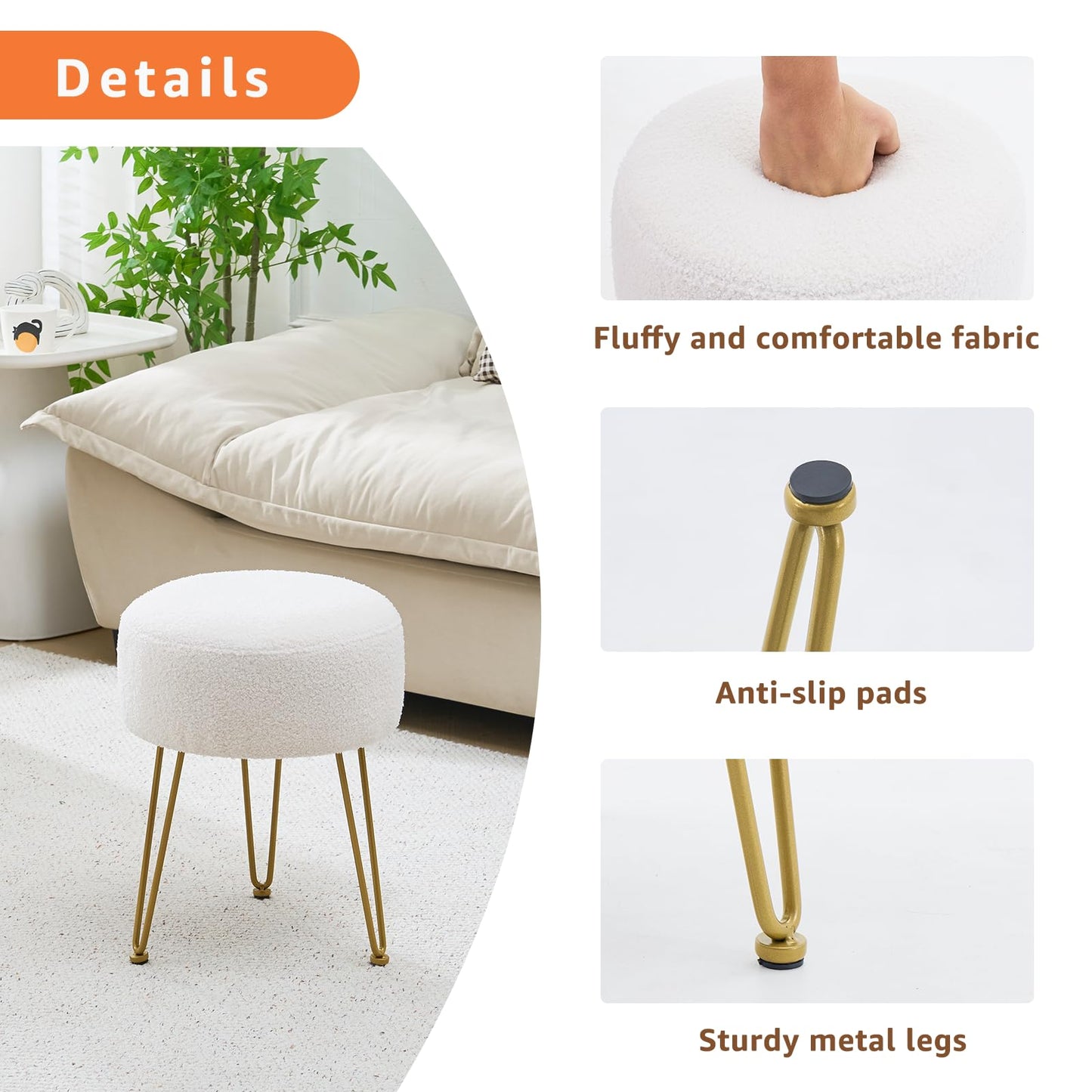 WROCFURSTAR Vanity Stool, Teddy Velvet Ottoman Foot Stool, Dressing Table Seat with Metal Leg Vanity Chair for Bedroom, Living Room, Entryway, Offices
