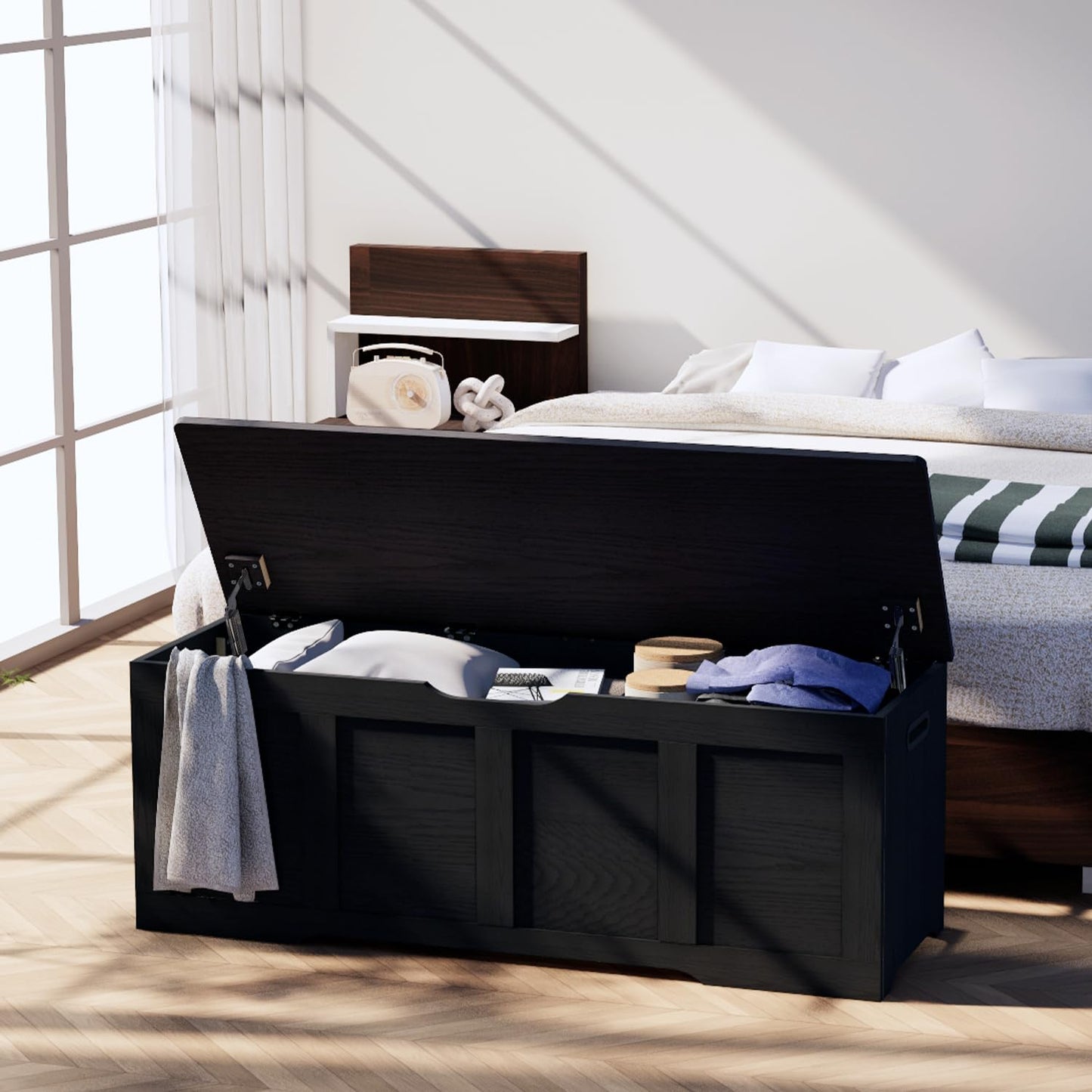 Timberer 47.2" Storage Chest, Extra Large Storage Trunk with 2 Safety Hinges, Wooden Storage Bench, Shoe Bench, Entryway Bench for Living Room, Bedroom, Black