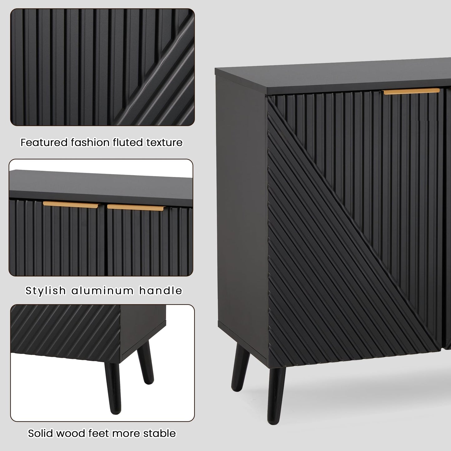 HOMHUM Fluted Black Storage Cabinet with Doors, Wood Sideboard Buffet Cabinet with Adjustable Shelf, Modern Accent Table for Living Room, Entryway