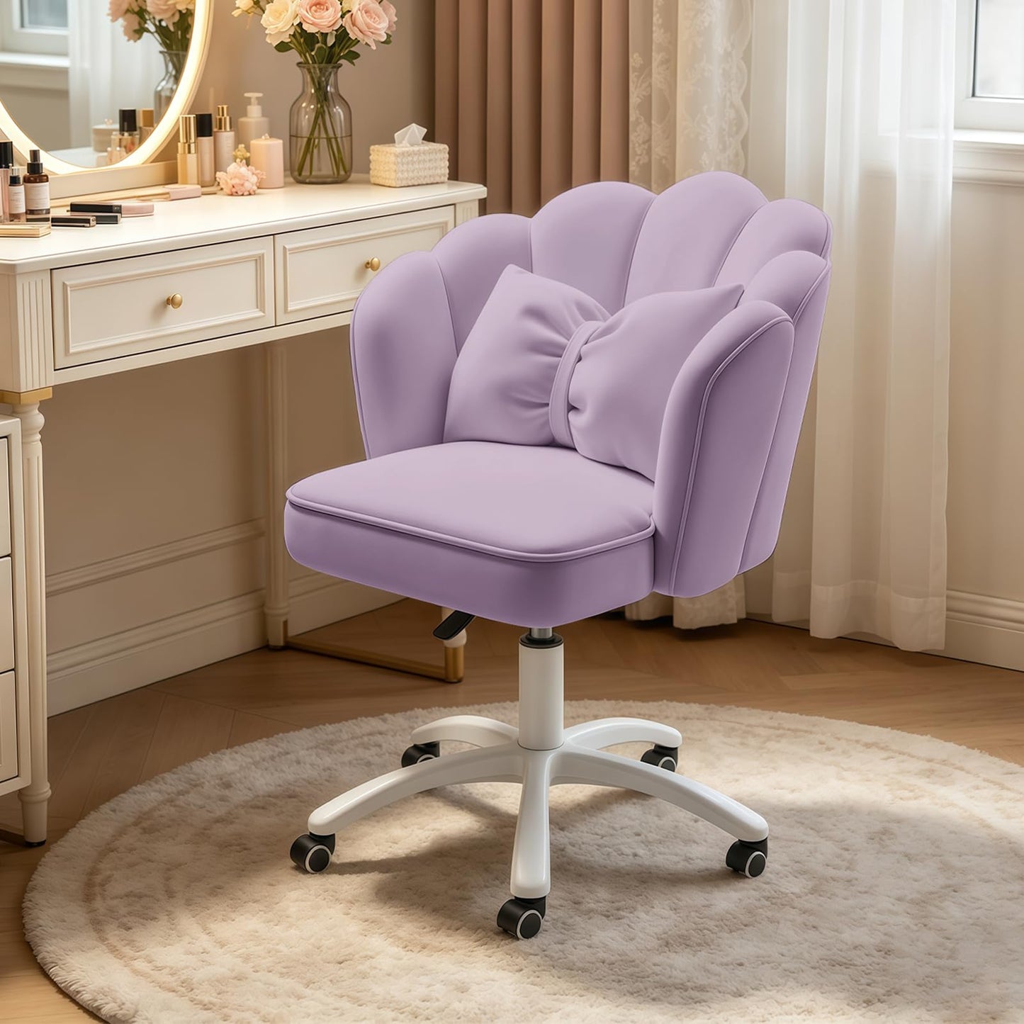 XUEGW Petal Desk Chair with Bow Cushion Velvet Vanity Chair with Wheels, Upholstered Home Office Chair for Girls Women, Mid-Back Swivel Computer Task Chairs for Living Room Bedroom