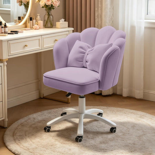 XUEGW Petal Desk Chair with Bow Cushion Velvet Vanity Chair with Wheels, Upholstered Home Office Chair for Girls Women, Mid-Back Swivel Computer Task Chairs for Living Room Bedroom