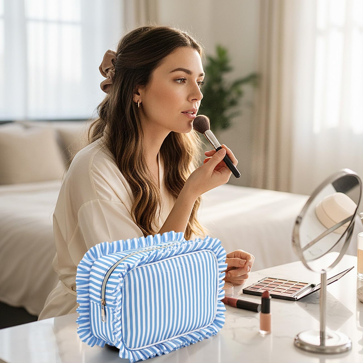 Kigeli Ruffle Makeup Bag Preppy Makeup Pouch Large Travel Cosmetic Bag Nylon Waterproof Toiletry Make up Organizer for Women(Striped,Blue)