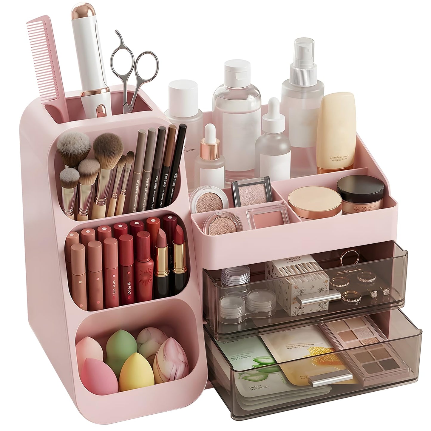 Makeup Organizer with 2 Drawers & Brush Holder, Large Plastic Vanity Organizer for Bathroom Countertop, Skincare Cosmetic Display Case for Lipsticks, Eyeshadow Palettes, Nail Polishes, Perfumes, Pink