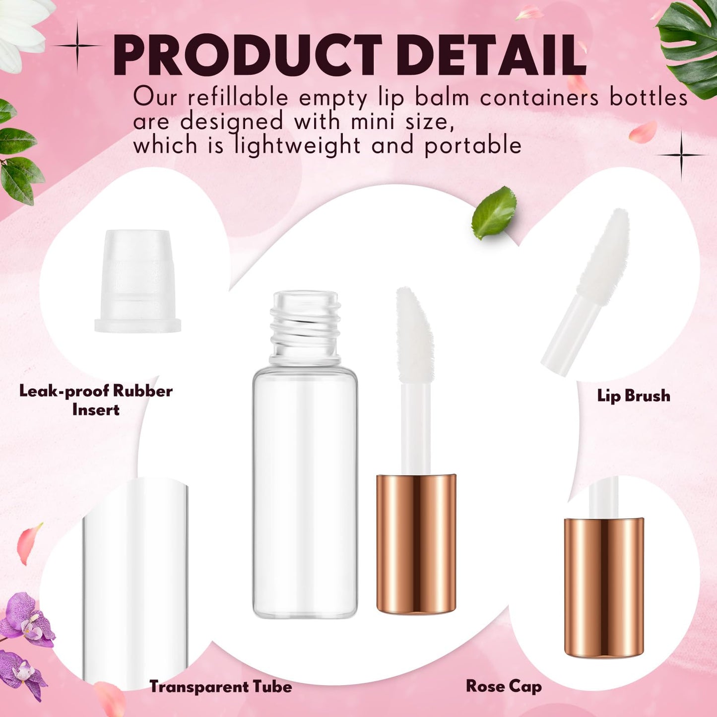 Jinei 150 Pcs 1.2ml Mini Lip Gloss Tubes Clear Empty Lip Balm Bottles, Refillable Containers Transparent Plastic Clear Lipstick Tubes for Women DIY Makeup Sample Travel(Rose Gold)