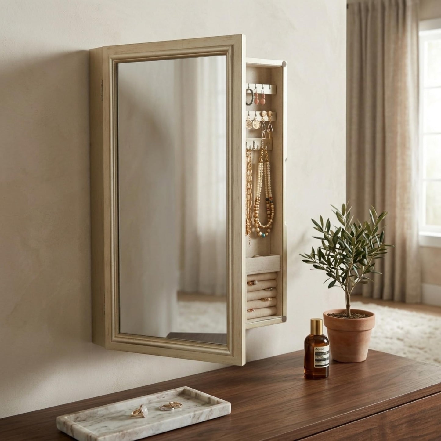 Hives & Honey Jamie Wall Mounted Jewelry Mirror Cabinet, Champagne – Hidden Jewelry Organizer with Earring Hooks, Necklace Hooks, Ring Rolls & Anti-Tarnish Lining