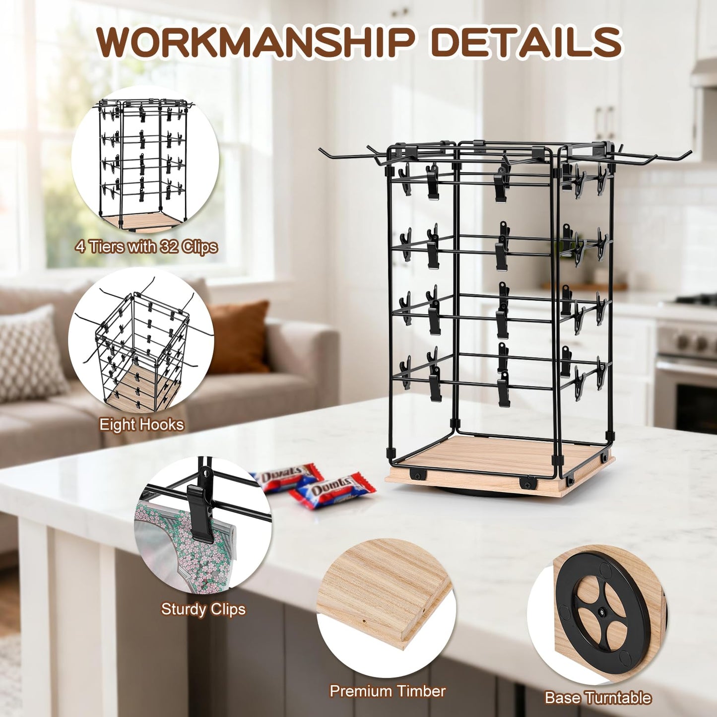 Koocoot 4-Tier 360 Rotating Chip Rack Display Stand with 32 Clips & 8 Hooks, Metal Countertop Snack & Candy Display Rack Organizer for Store, Party, Retail