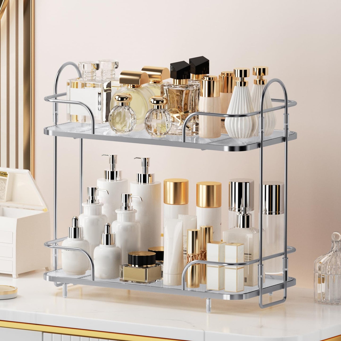 2 Tier Corner Bathroom Counter Organizer, Cosmetic Skincare ，Bathroom Countertop Perfume Tray Vanity, Kitchen Spice Corner Storage Shelf
