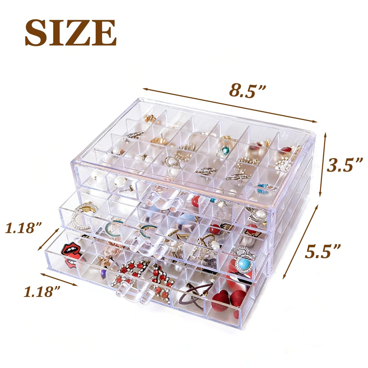 CLUQMEIK Earring Organizer Box Clear Storage Acrylic for Earrings Necklace Organizer Jewelry Box with 72 Grids Storage Compartments Transparent Ring Clear Jewelry Organizer