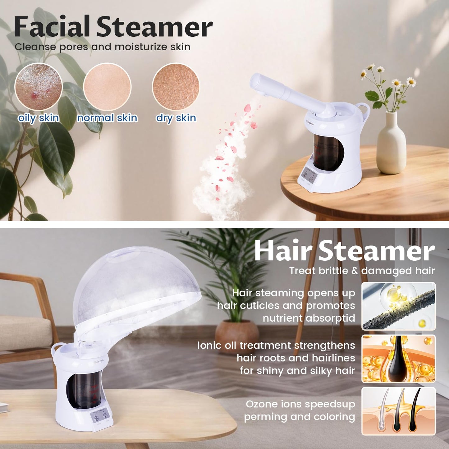 Wuissvnb Hair Steamer,2 in 1 Hair and Facial Steamer with Extendable Arm, Portable Tabletop Steamer, Suitable for Home and Salon Personal Care