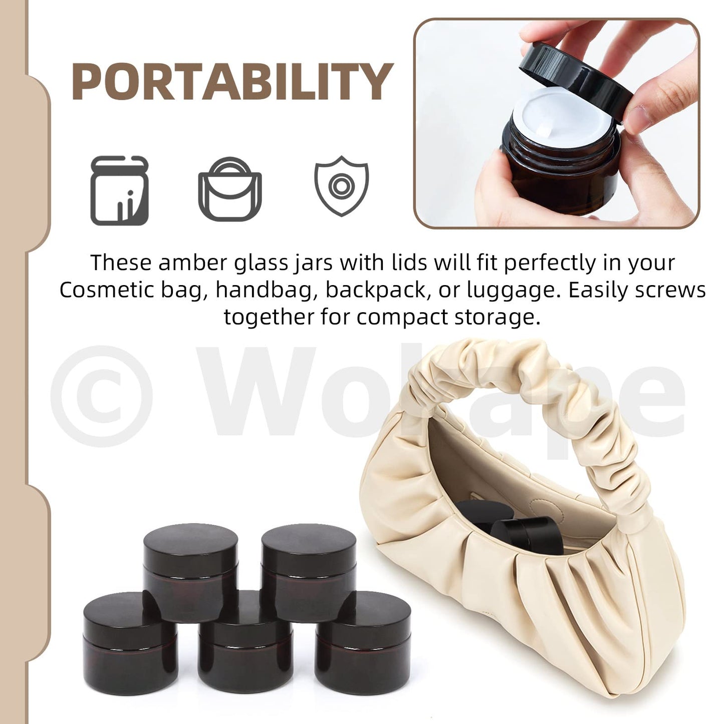 Wokape 20Pcs 10ml Amber Glass Jars with Liner Lids Spatulas, Leak-proof Round Cosmetic Jars for Travel Wear