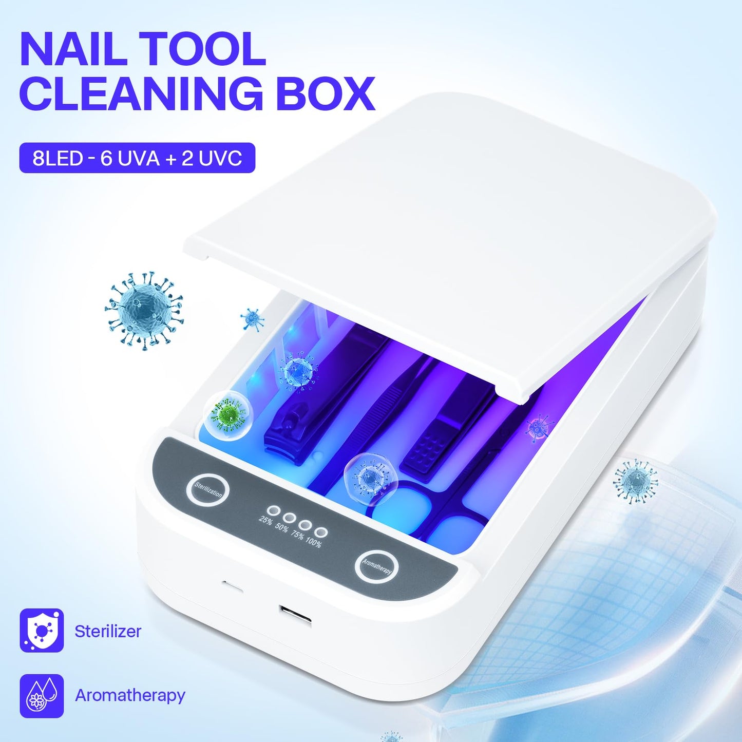 Shmian Cleaning Box for Nail Tools & Phone Accessories-USB-Powered Portable Cleaning Box for Scissors, Jewelry, Tweezers - Manicure Salon & Home Use
