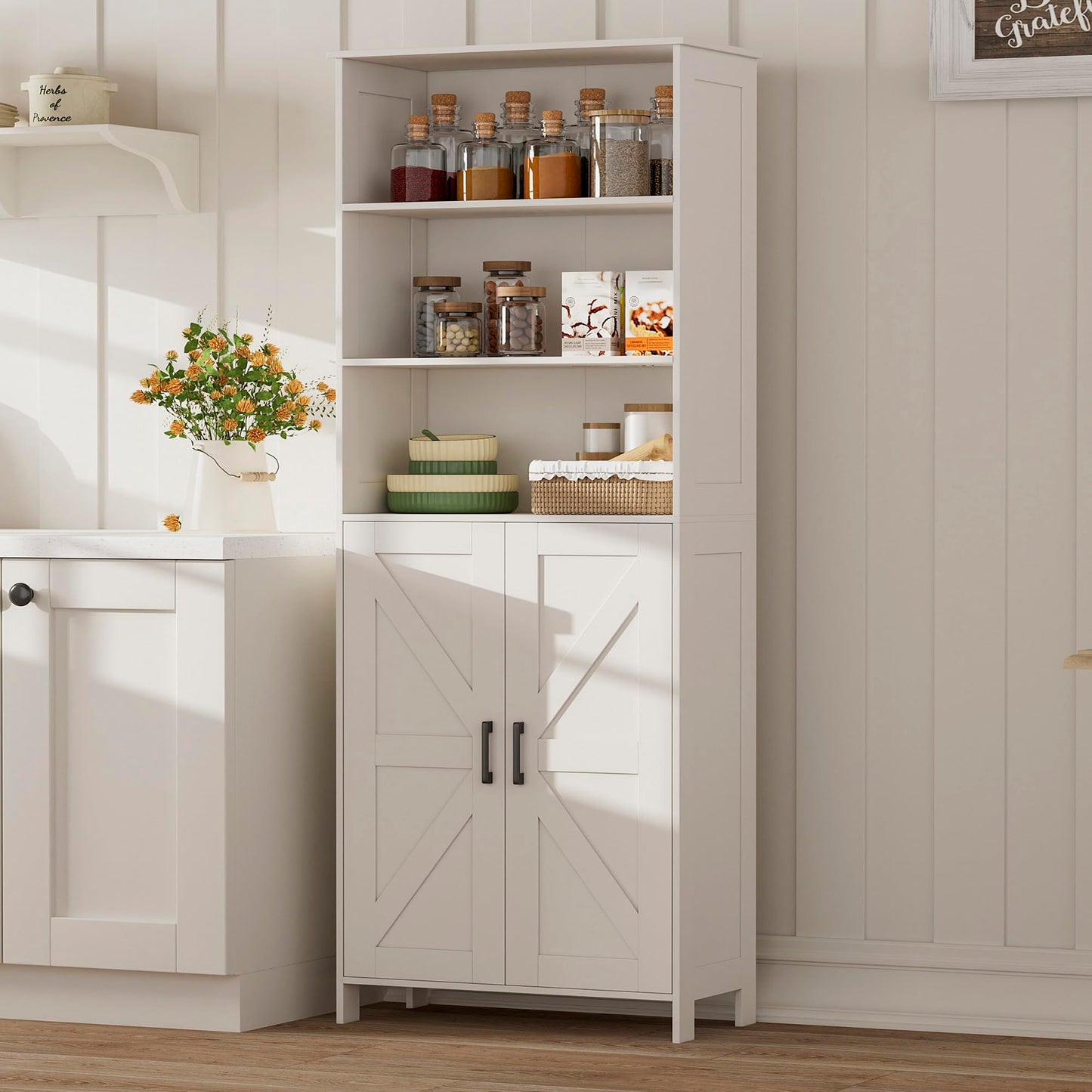 Homhedy 67" Tall Bathroom Storage Cabinet, Freestanding Farmhouse Cabinet with 2 Doors and Adjustable Shelf, Bathroom Organizers and Storage for Kitchen, Living Room, Laundry Room, White
