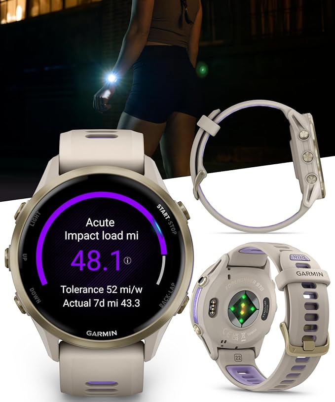 Wearable4U Garmin Forerunner 970 Soft Gold Titanium Smartwatch with French Gray Case and French Gray/Translucent Indigo Band, AMOLED Display with Garmin HRM 600 M-L Power Bank Bundle