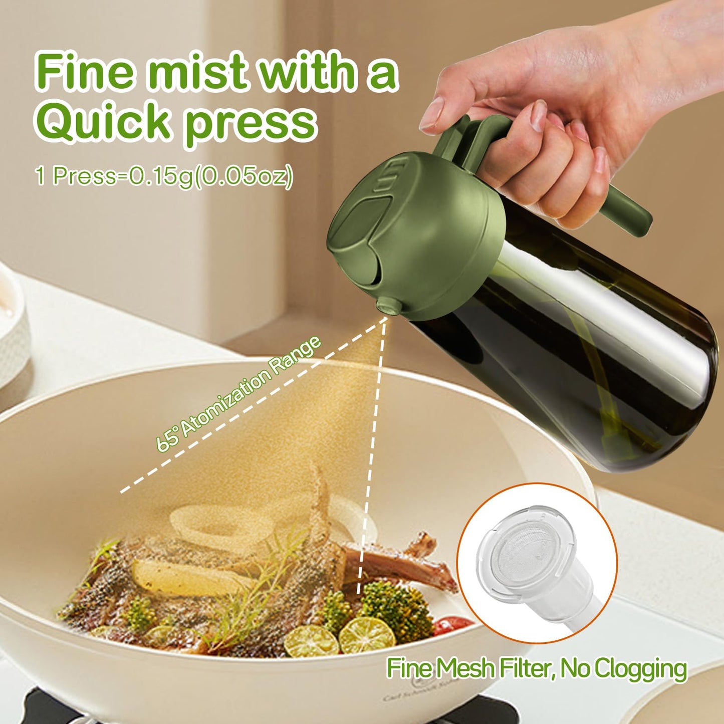 YARRAMATE 2Pcs 16oz/470ml Dark Green Oil Sprayer for Cooking with Stickers, Food-grade Premium 2 in 1 Olive Oil Dispenser Bottle for Kitchen Gadgets, Air Fryer, Salad, Frying, BBQ (Black&OliveGreen)