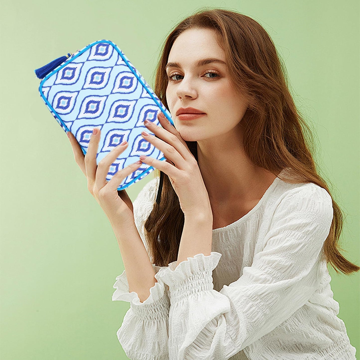 EMBRUNIOICE Makeup Bag Travel Cosmetic Bag Organizer Tassel Toiletry Bag Large Canvas Zipper Pouch Mahjong Tile Bag (Ikat Blue)