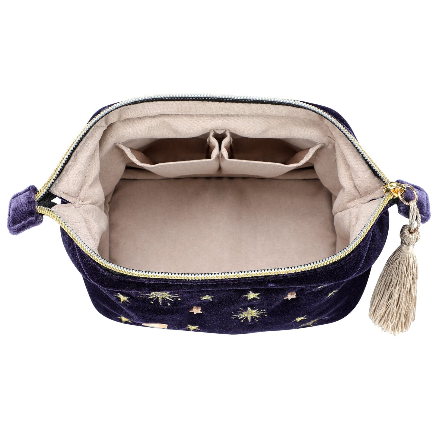 SZZCX Handy cosmetic makeup bag,Navy Velvet Embroidered Applique Moon Stars Cosmetic Bag,Starry Makeup Pouch with Tassels & Pearl Zipper,Beautician Storage Bag