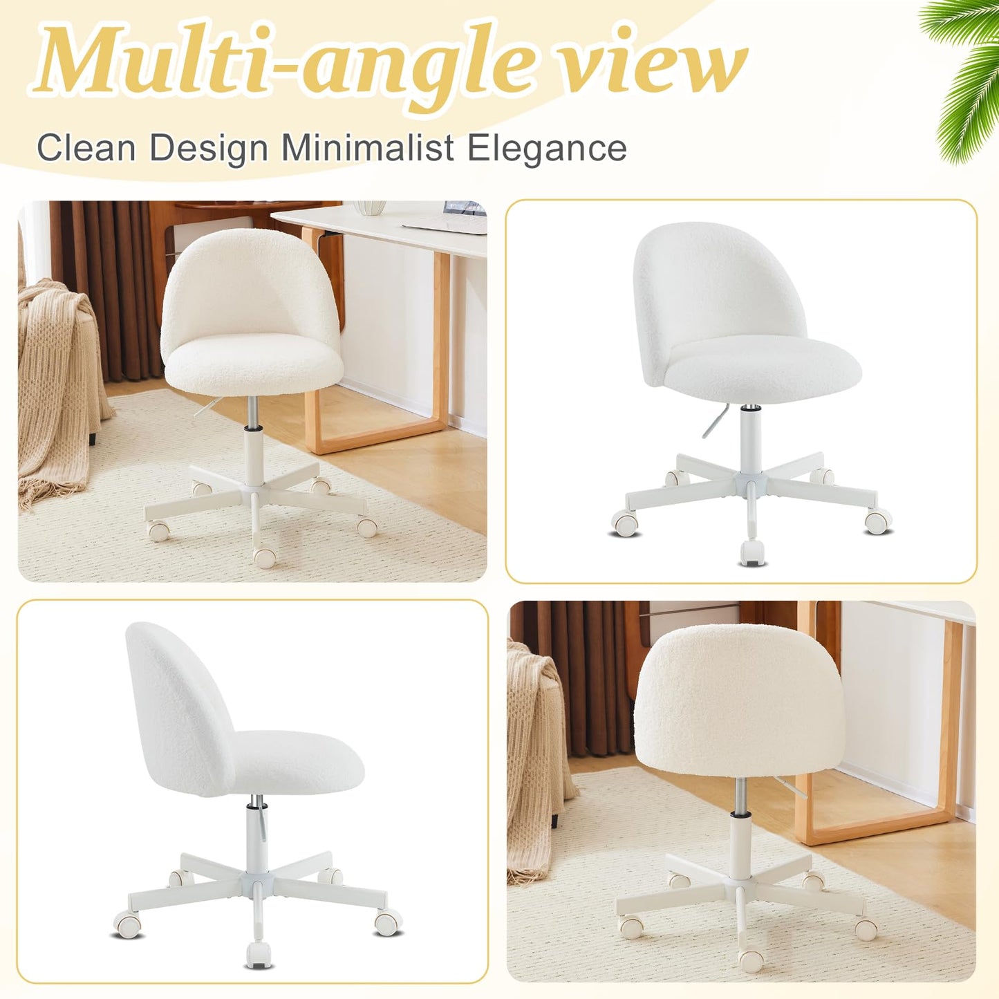 VINGLI Modern Vanity Chair with Back, Velvet Desk Chair for Girls, Small Office Chair with Silent Wheels， Stylish and Comfortable, White