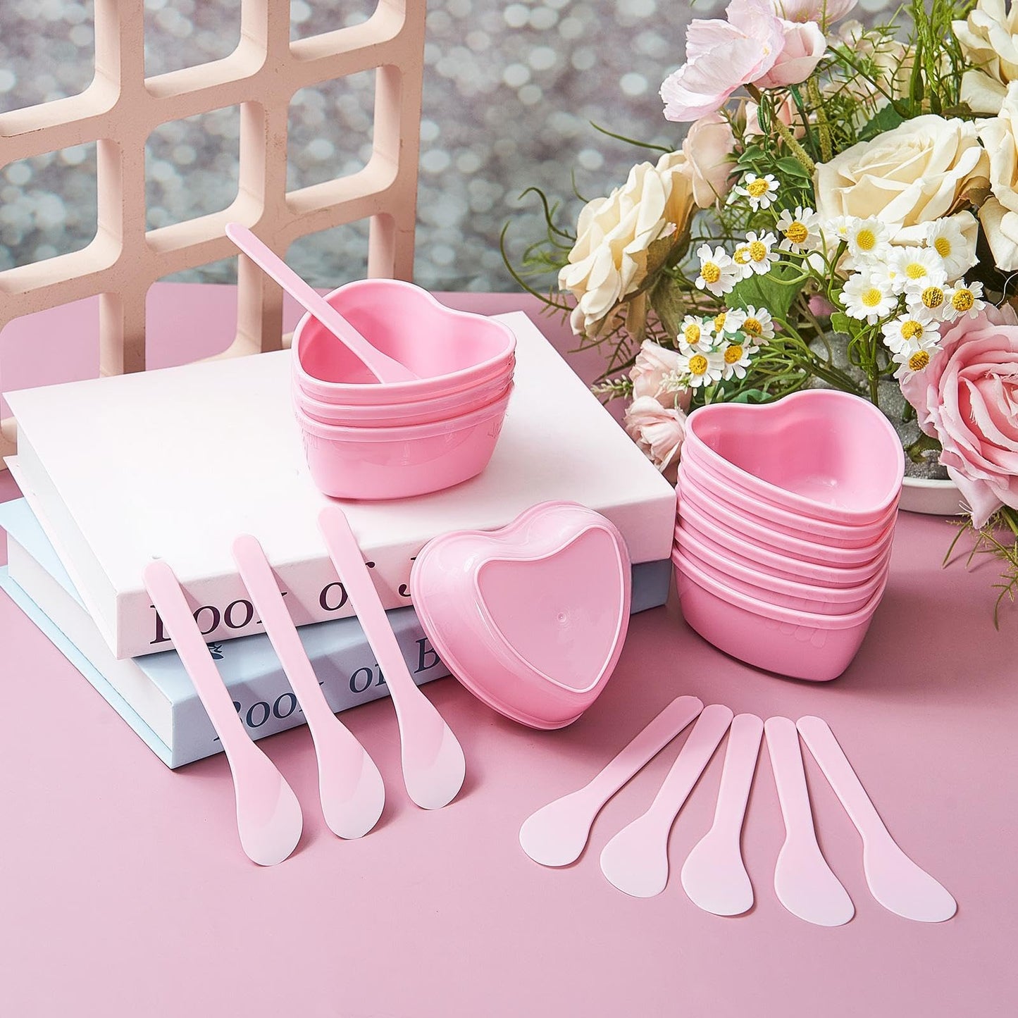 Teenyyou 10 Sets Facial Bowls for Esthetician, Pink Facial Mask Mixing Bowls Set with Spatula, Heart Shape Facemask DIY Skin Care Mixing Tool Kit Esthetician for Lady Women Home Beauty Salon Hair Dye