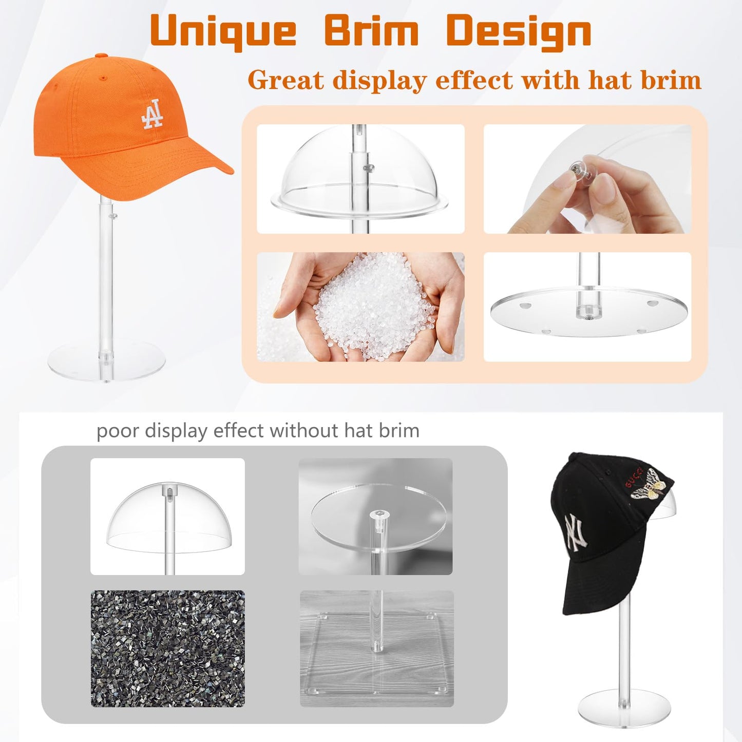 Adjustable Acrylic Hat Display Stand, 8"-16" Clear Domed Baseball Cap Rack, Height Adjustable Cowboy Hats Display, Durable Tabletop Hat Holder and Wig Stand for Closet, Vendors, Counter, Salons