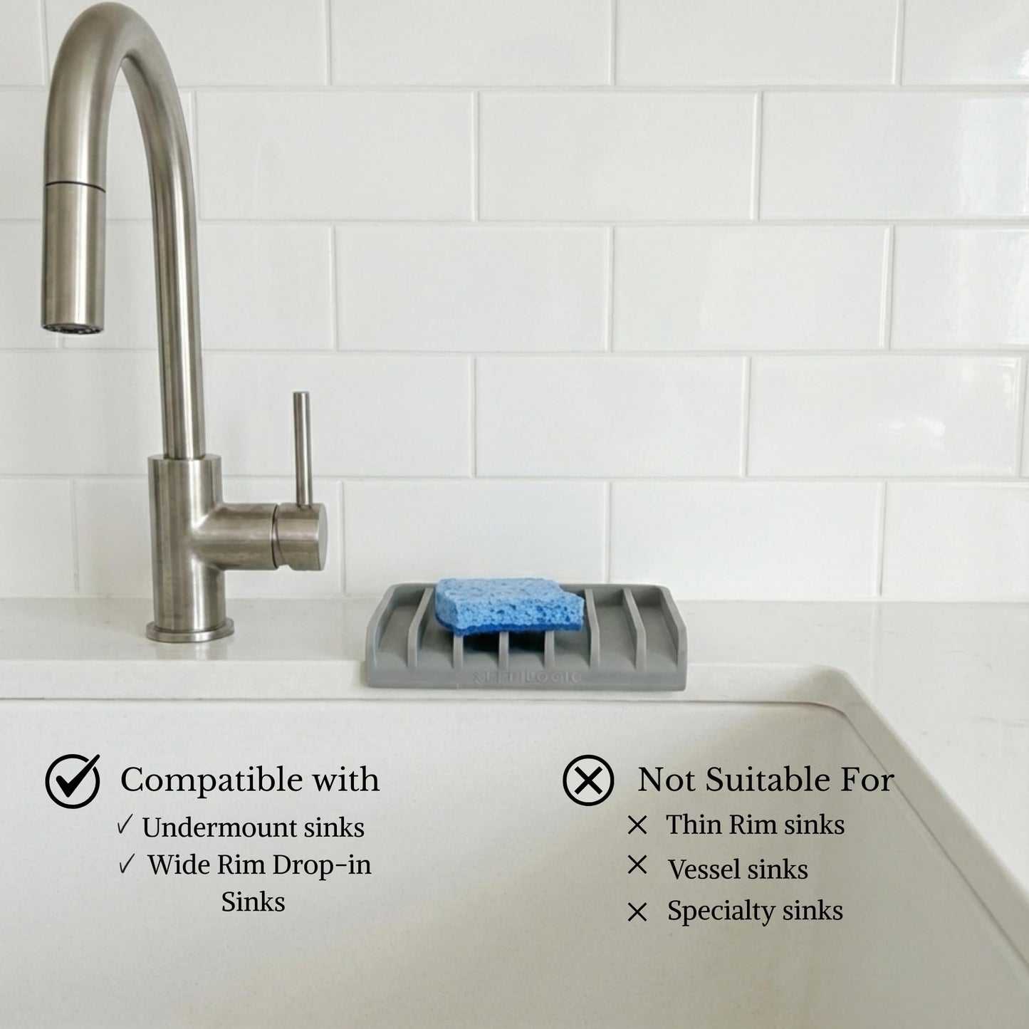Effilogic Silicone Sponge Holder, Soap Dish, Self Draining Kitchen Sink Organizer, Kitchen Accessories, Medium Grey