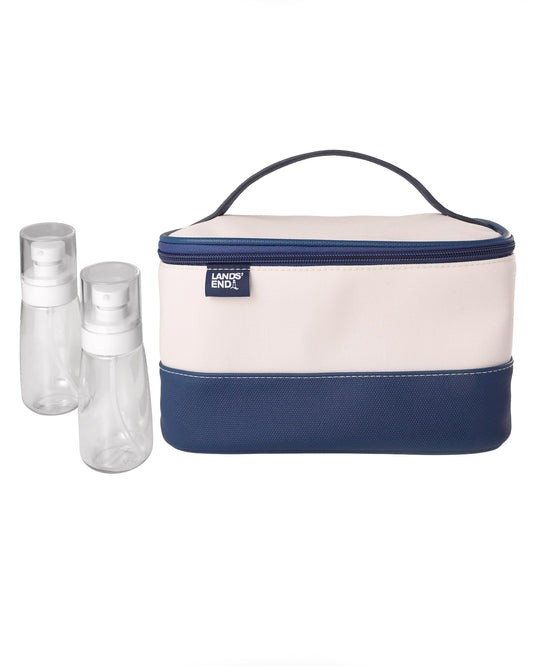 Lands' End Large Makeup Bag Train Case with 2 100 ML Plastic Travel Bottles, Soft-Sided Cosmetic Travel Bag (Navy)