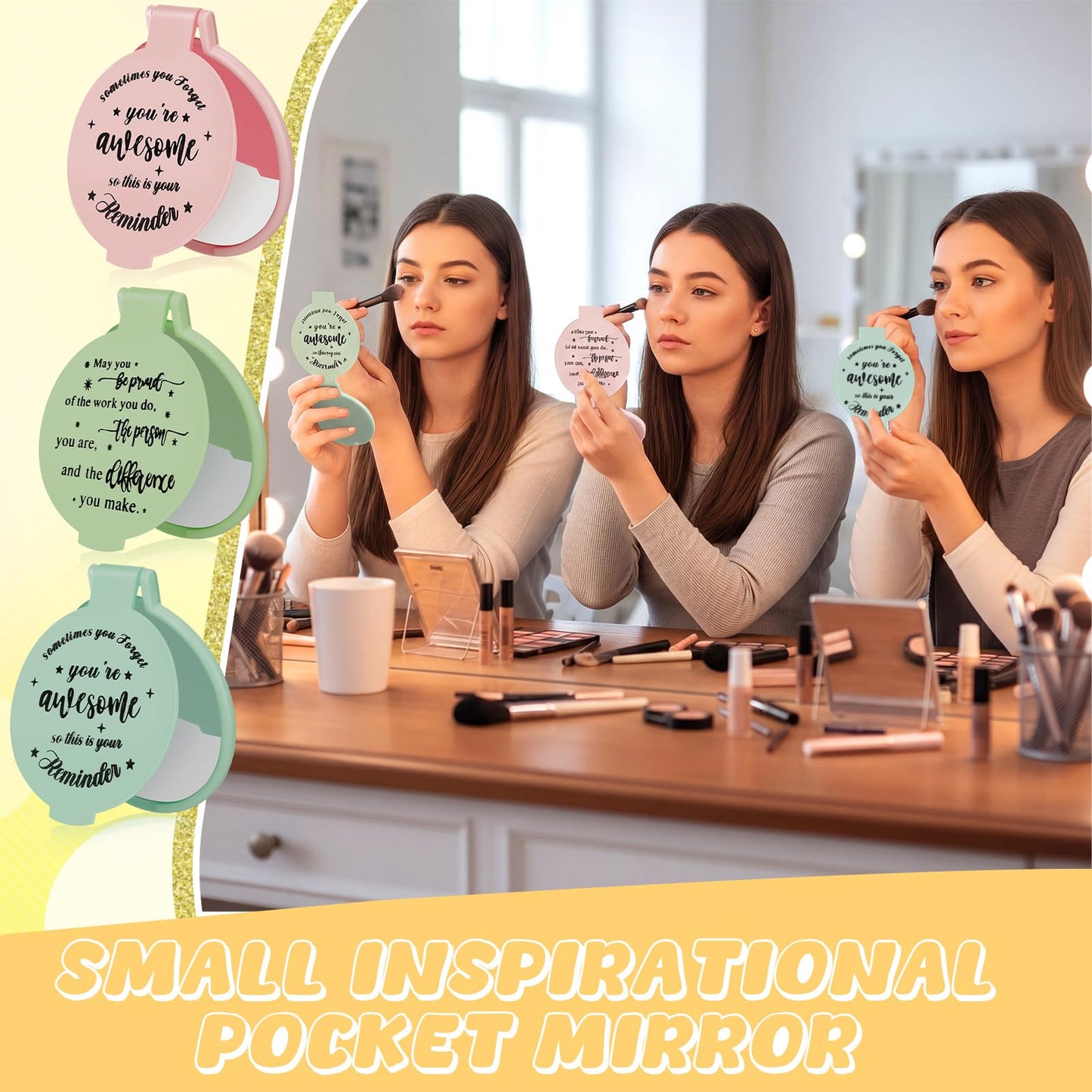 Wenqik 64 Pcs Inspirational Mini Compact Mirrors Bulk, Women Small Gifts Bulk, Group Team Party Favors, Mini Pocket Purse Mirror for Travel, Client, Guest, Wedding, Birthday, Cheerleader (Soft Pastel)