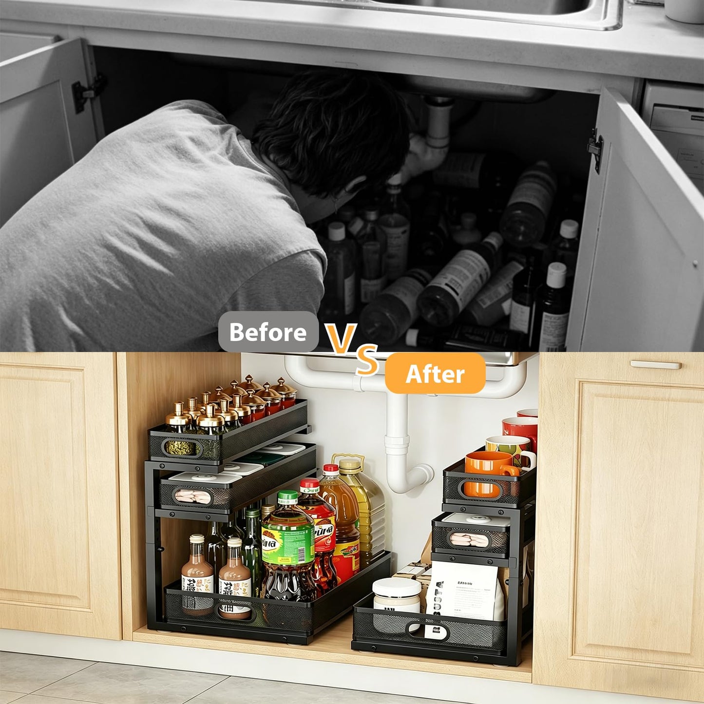 2 Pack Under Sink Organizer, 3-Tier Pull Out Kitchen Cabinet Organizer, Height Adjustable Metal Slide Out Bathroom Storage Makeup Drawer Rack for Bedroom Office Laundry Pantry Home Organization, Black