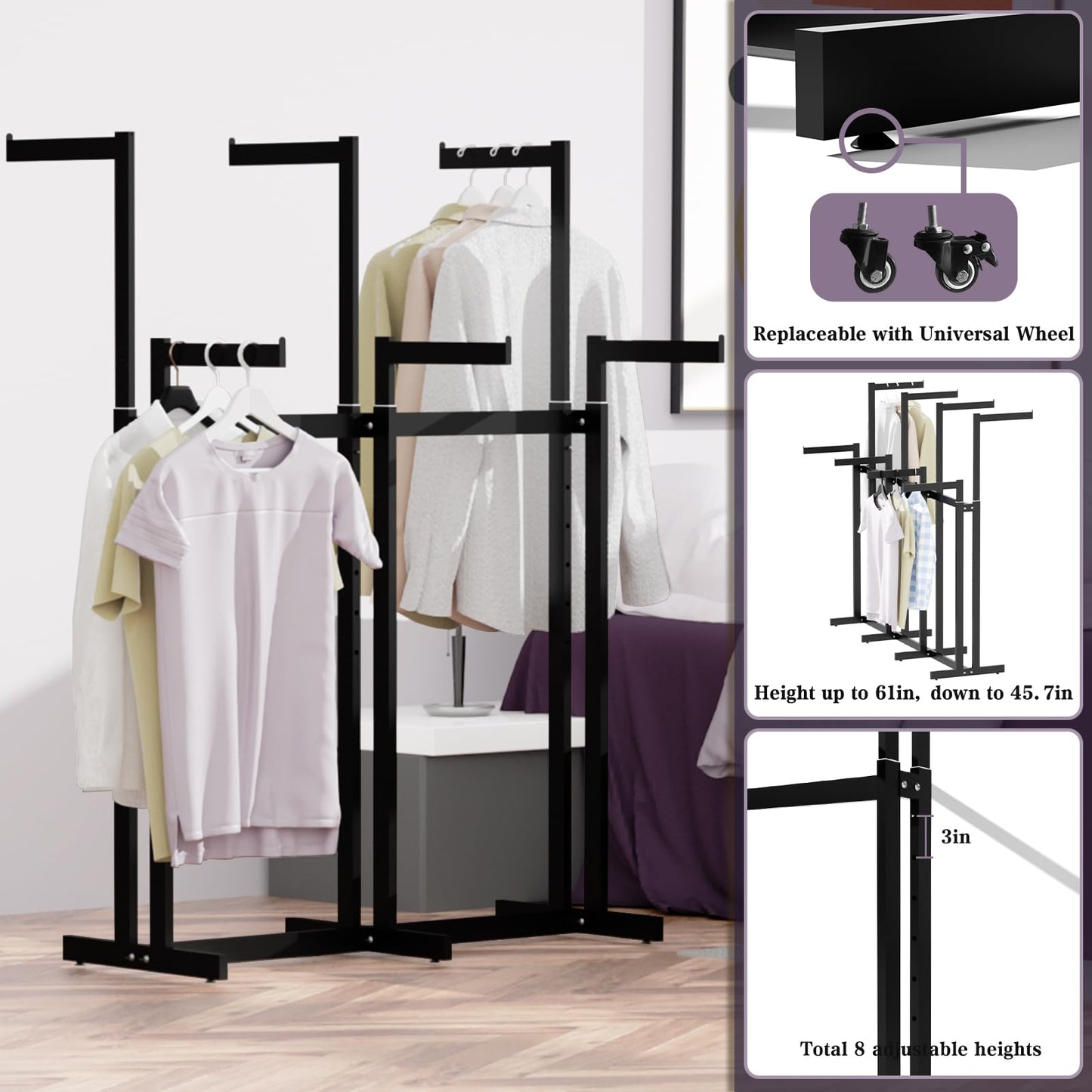 WAVVDIKUL Clothing Racks - Heavy Duty Garment Racks Metal for Retail Display Hanging Clothes, Rolling Black Commercial Clothing Display Rack Stand with Wheels (6 Arm,Black)
