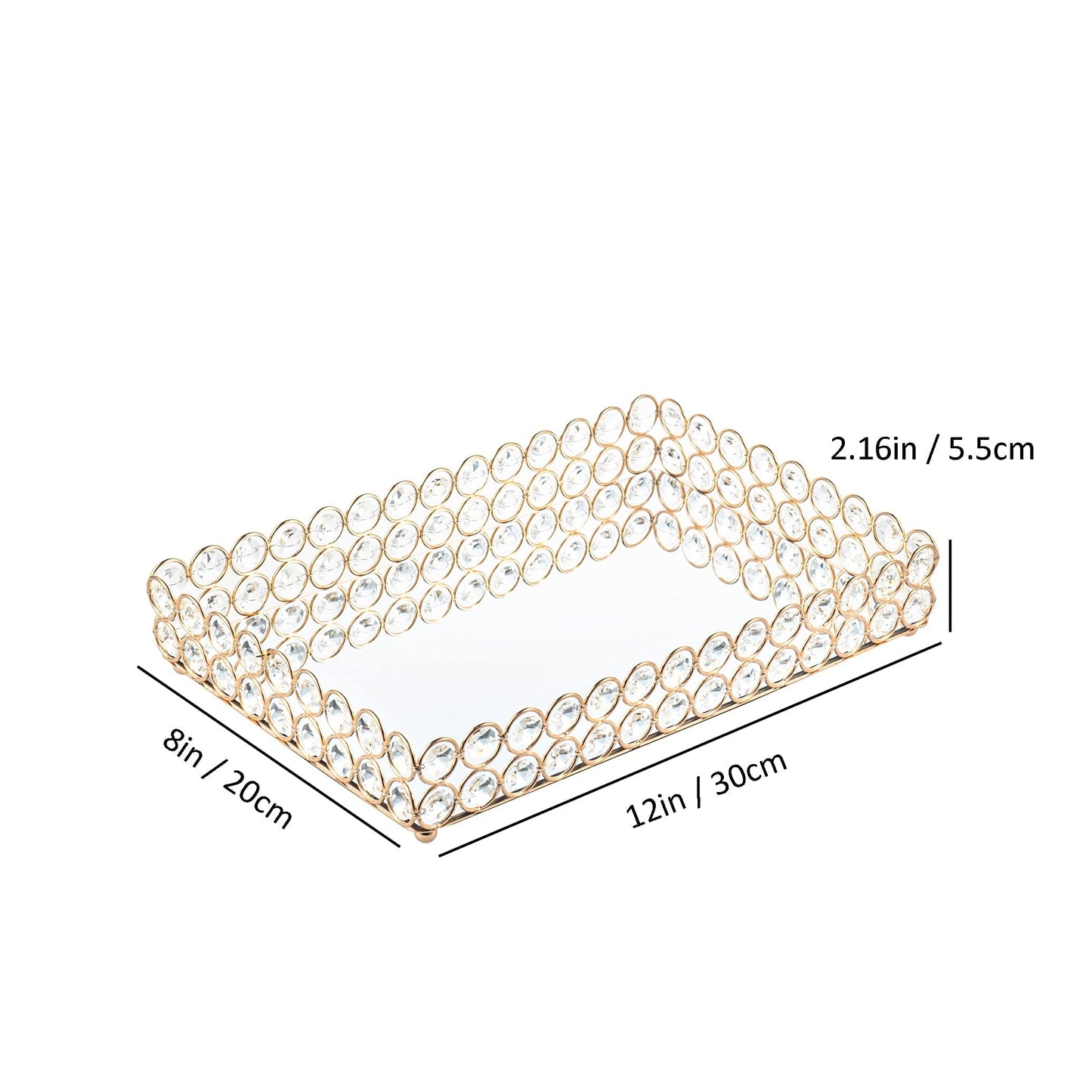 Feyarl Mirrored Crystal Vanity Makeup Tray Ornate Jewelry Trinket Organizer Cosmetic Perfume Bottle Decorative Tray Home Deco Dresser Skin Care Storage (Rectangle 12" x 8")