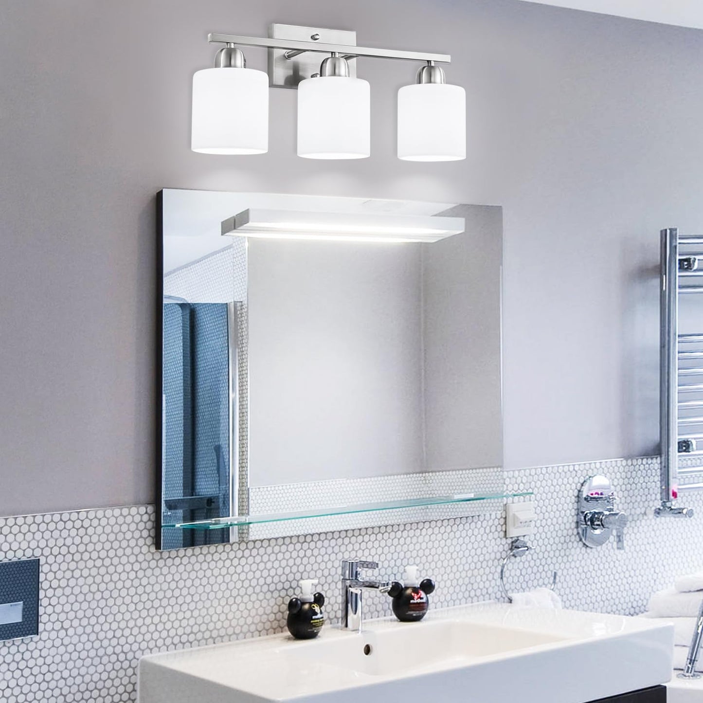 FAISHILAN Brushed Nickel Bathroom Light Fixture, Anti-Rust Finish 3 Light Vanity Lights for Bathroom, Bath Lights with Milky White Frosted Glass Shades, E26 Socket