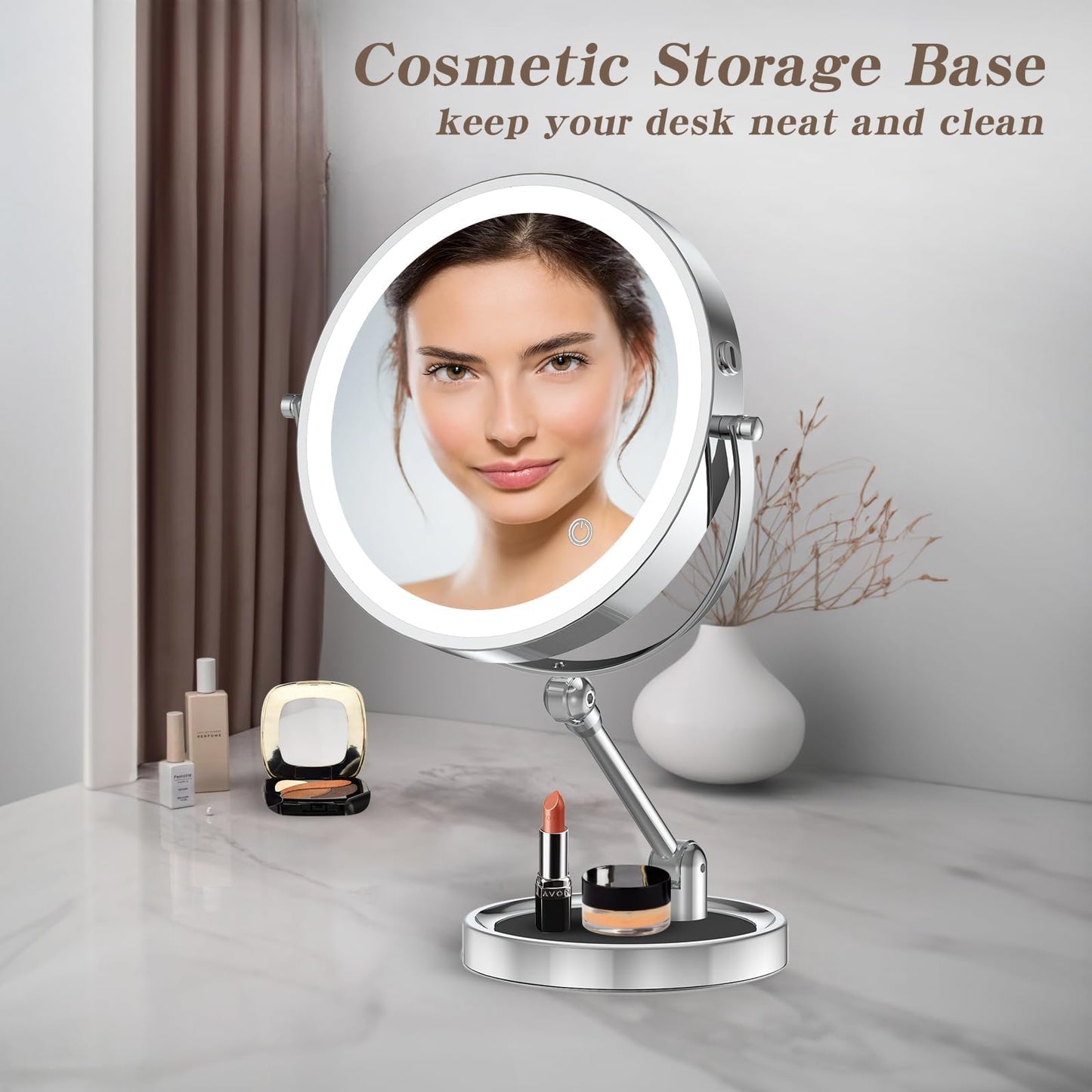 Rocollos Tabletop Makeup Mirror with Built-in Vanity Tray, 9" Rechargeable 4000mAh Lighted Vanity Mirror 1X/10X Magnification, Height-Adjustable Arm, 3 Color Dimmable (9Inch Chrome)