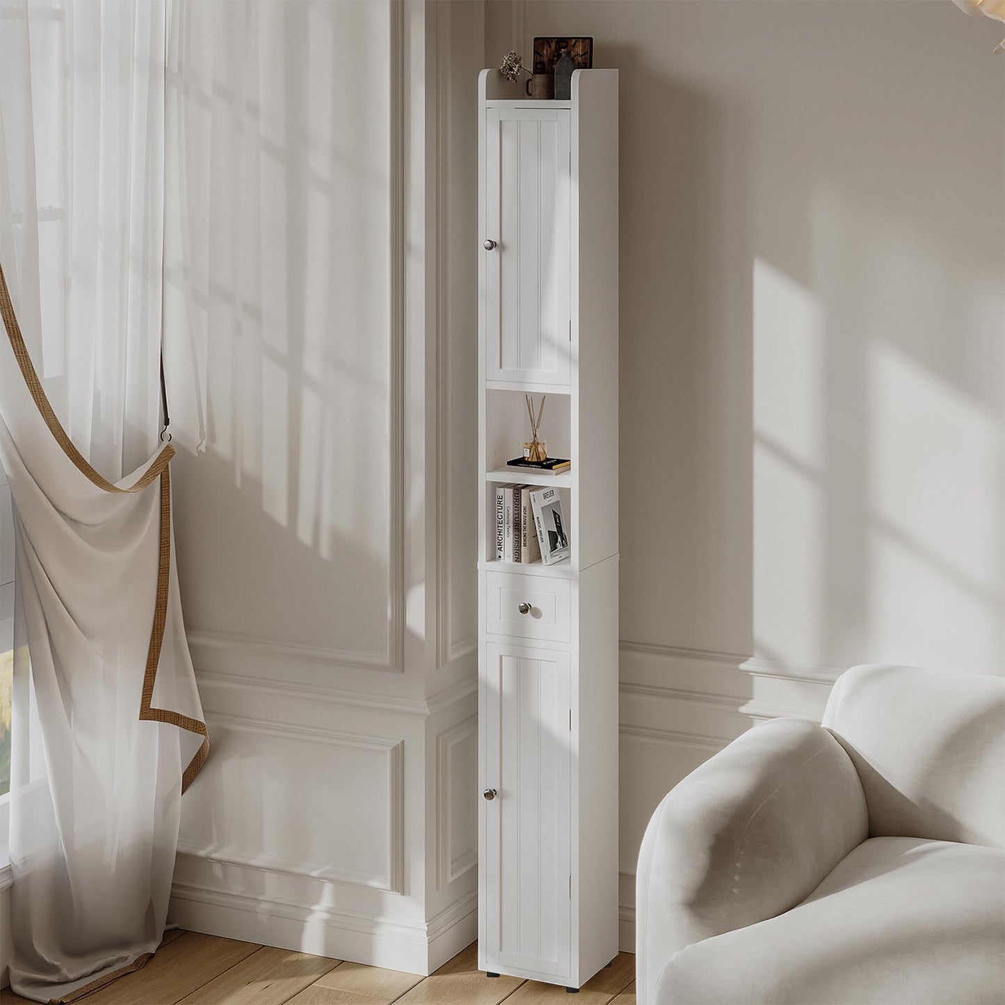 ChooChoo Narrow Bathroom Storage Cabinet with Adjustable Shelves, Tall Storage Cabinet with 2 Doors and 1 Drawer, Freestanding Cupboard for Small Spaces, White