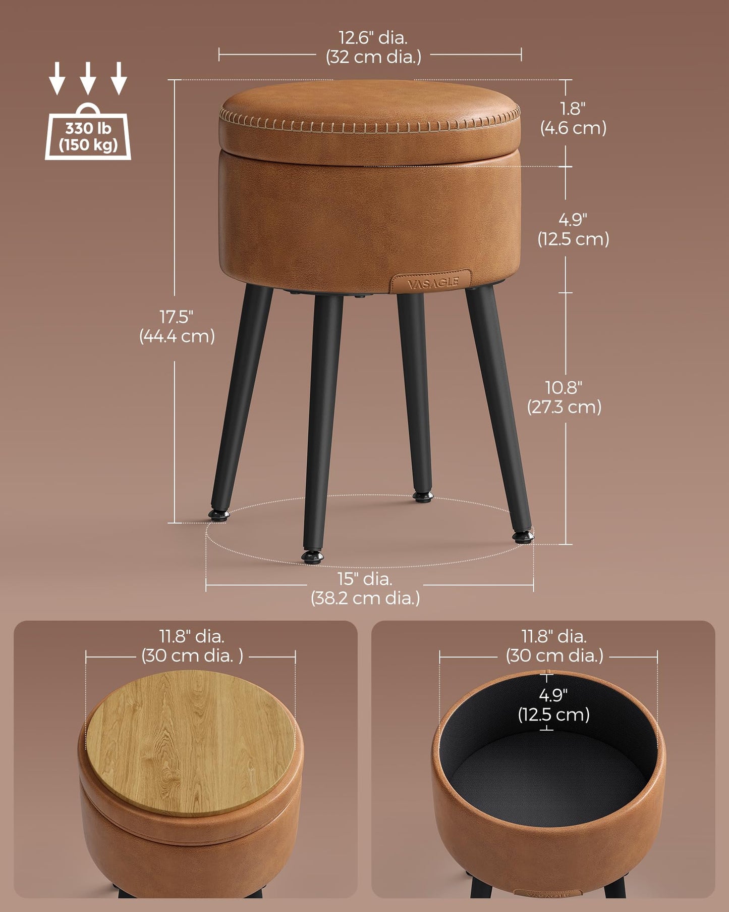 VASAGLE EKHO Collection - Storage Ottoman, Vanity Chair Stool, Synthetic Leather with Stitching, Mid-Century Modern, Round Storage Seat with Steel Legs, Loads 330 lb, Caramel Brown ULOM005KN08