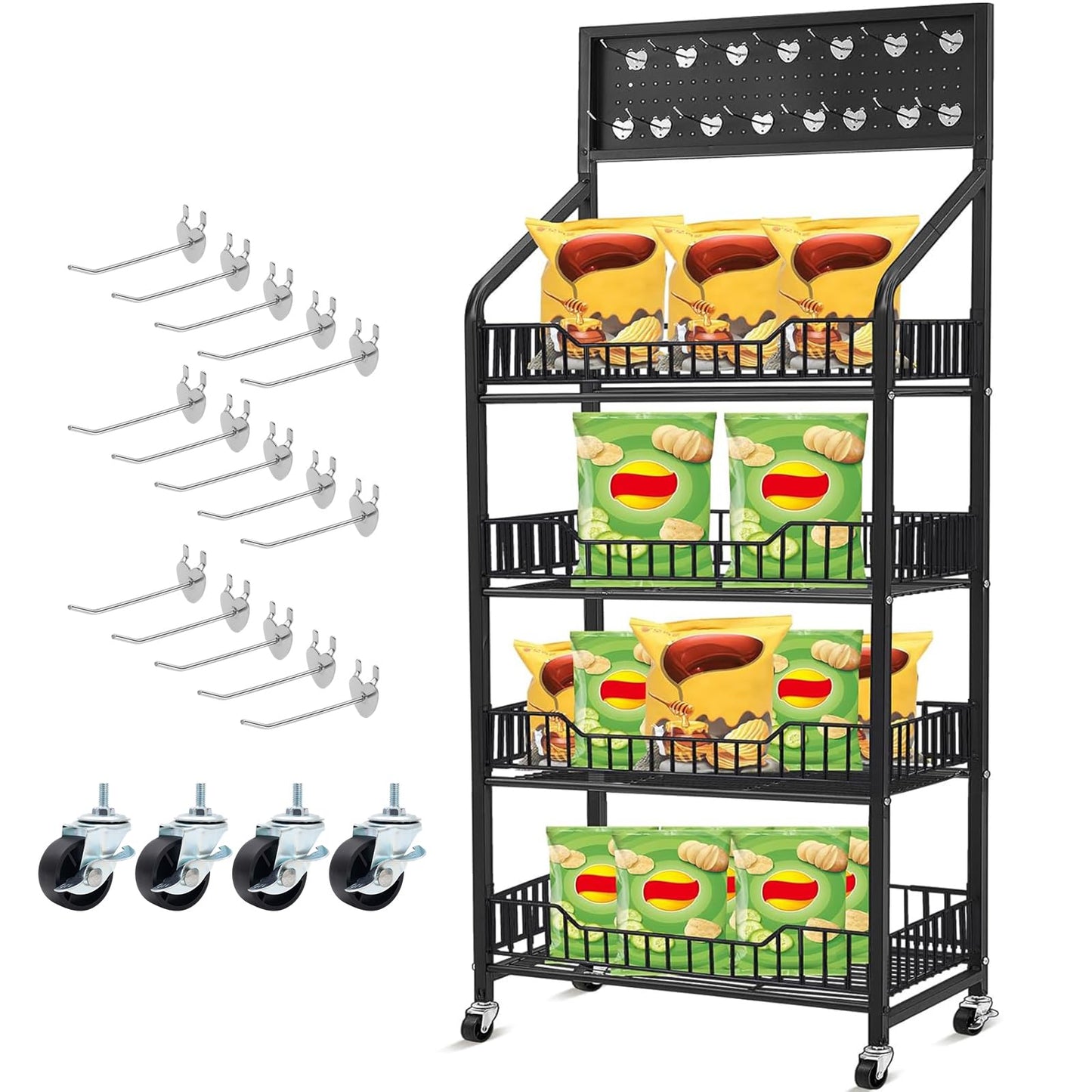 DoubleFill 1 Set 4 Tier Retail Display Rack Shelf Cart with Wheels and 15 Hook Heavy-Duty Metal Snack Potato Chip Display Organizer Concession Stand for Supermarket Grocery Store Home Black