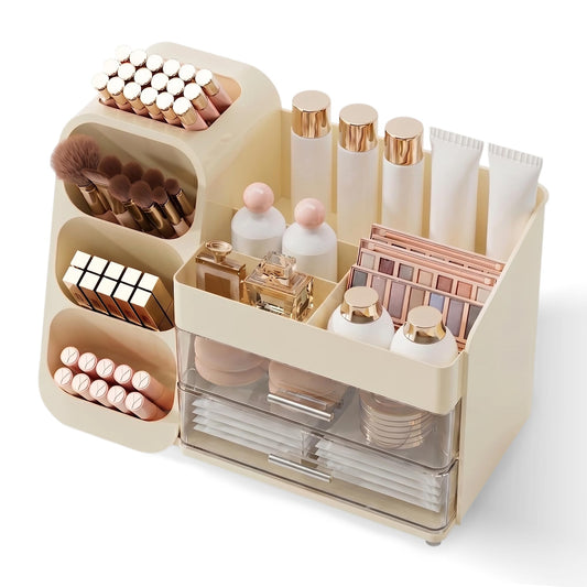 Booklov Makeup Organizer for Vanity, Large Capacity Cosmetic Display Case with Clear Acrylic Drawer, Countertop Beauty Storage Holder for Skincare, Brush Eyeshadow Lipstick Counter Desk, Crystal Cream