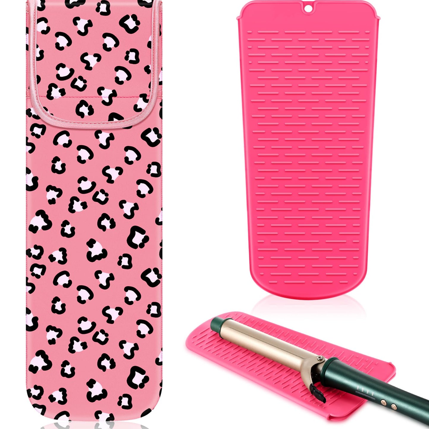 Shappy 2 Pcs Heat Resistant Hair Tools Bag Curling Iron Travel Case Cover Neoprene Flat Iron Holder Travel Case and Silicone Mat Pouch for Hot Hair Tools Storage Organizer(Leopard Style)