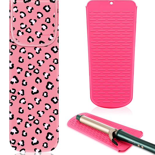 Shappy 2 Pcs Heat Resistant Hair Tools Bag Curling Iron Travel Case Cover Neoprene Flat Iron Holder Travel Case and Silicone Mat Pouch for Hot Hair Tools Storage Organizer(Leopard Style)