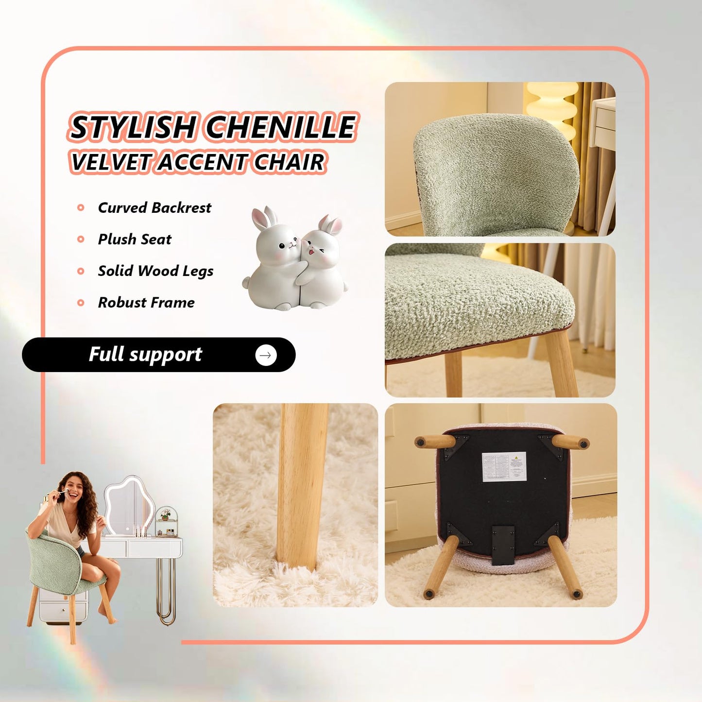 VINGLI Chenille Curved-Back Armless No Wheels Vanity Chair for Girls, Cute & Furry Upholstered Desk Chair with Solid Wood Legs for Study/Makeup/Bedroom/Dressing, Fluffy Makeup Chair for Teens, Green