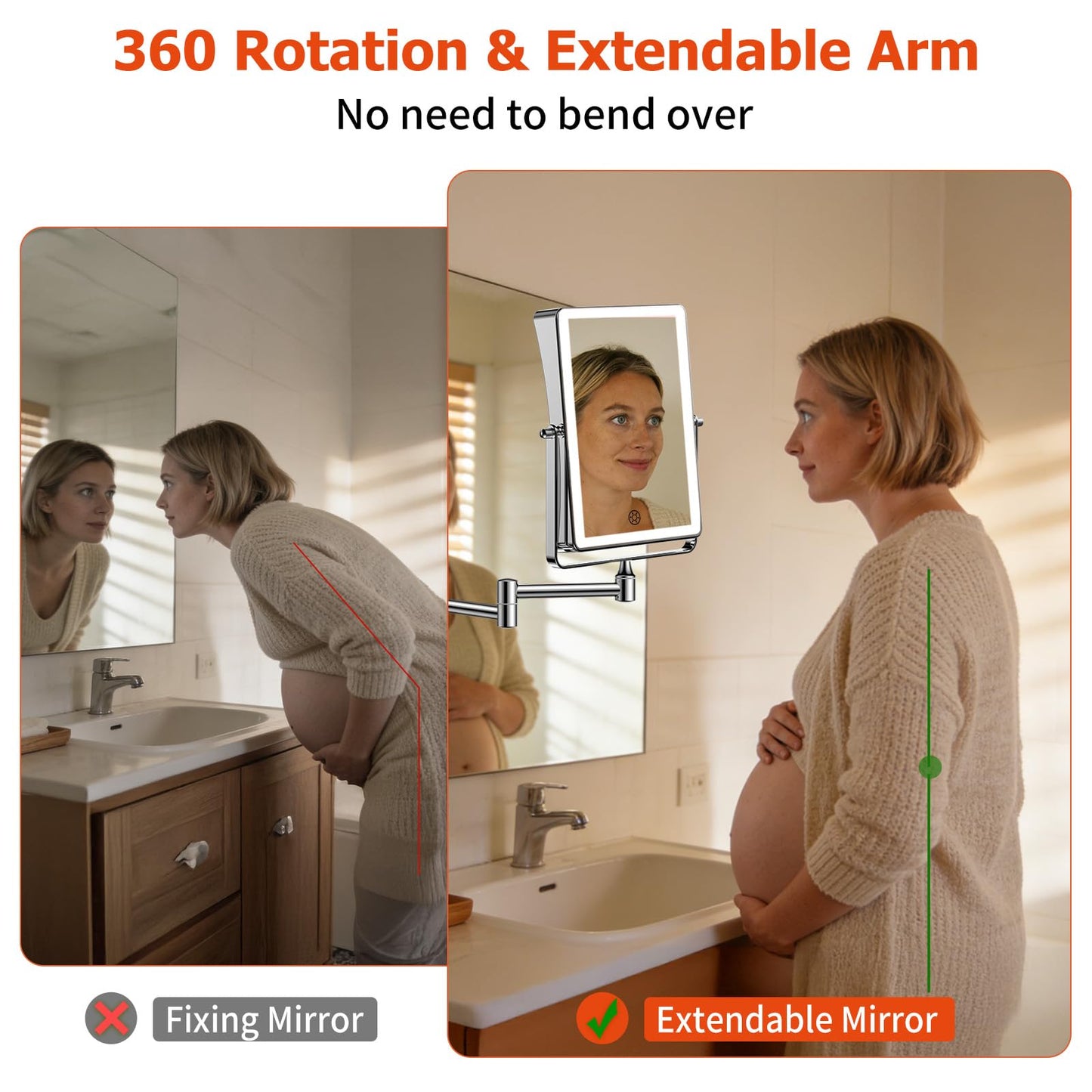 FUNTOUCH 5000mAh Rechargeable Wall Mounted Makeup Mirror with Lights, 8.7" Double Sided 1X/30X Magnifying Mirror with Dimmable 3 Color Light, Extended Swing Arm 360° Wall Mount Bathroom Vanity Mirror