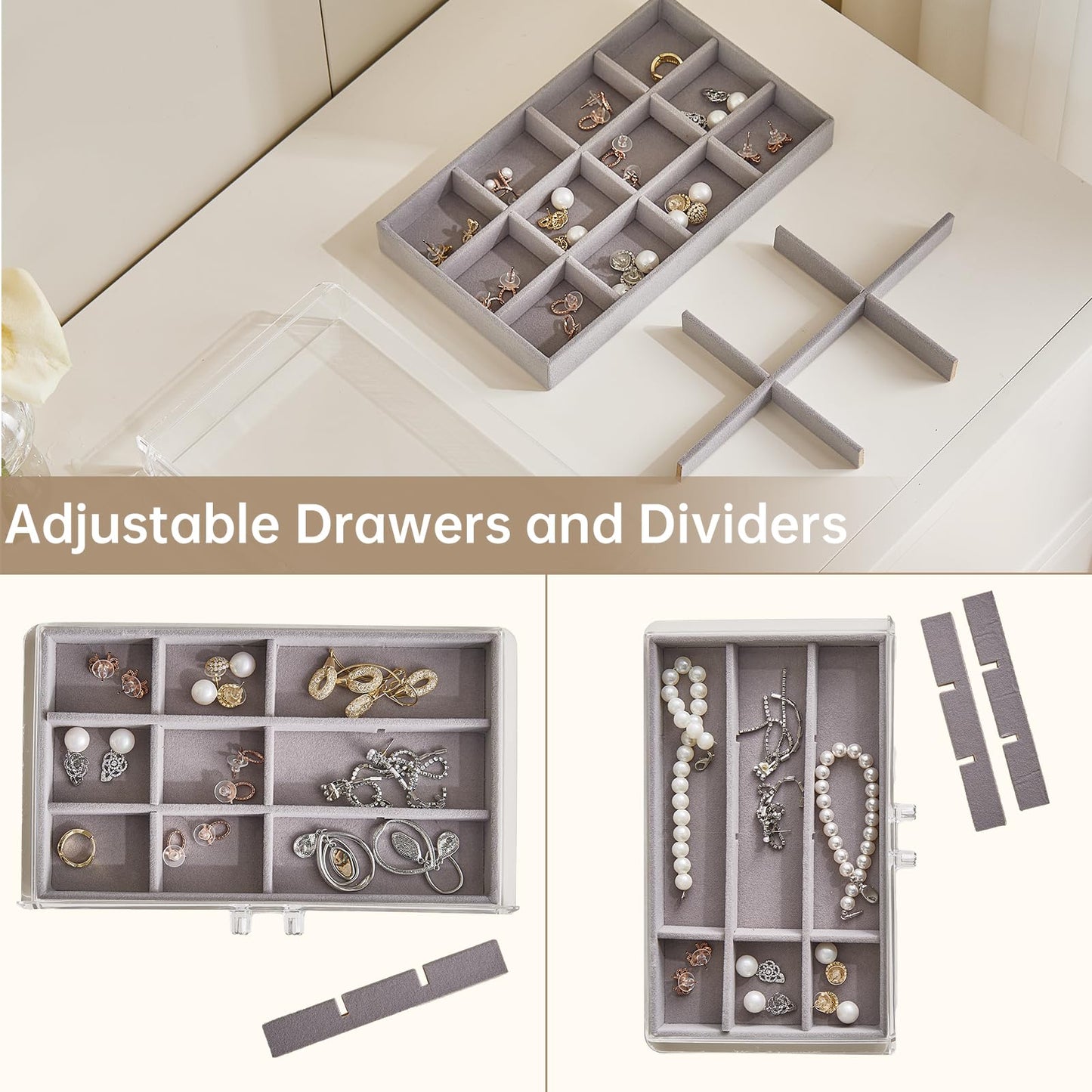XRXYX Acrylic Jewelry Box with 5 Drawers, Clear Earring Holder Organizer Rings Display Case with Adjustable Velvet Trays for Women Girls, Grey