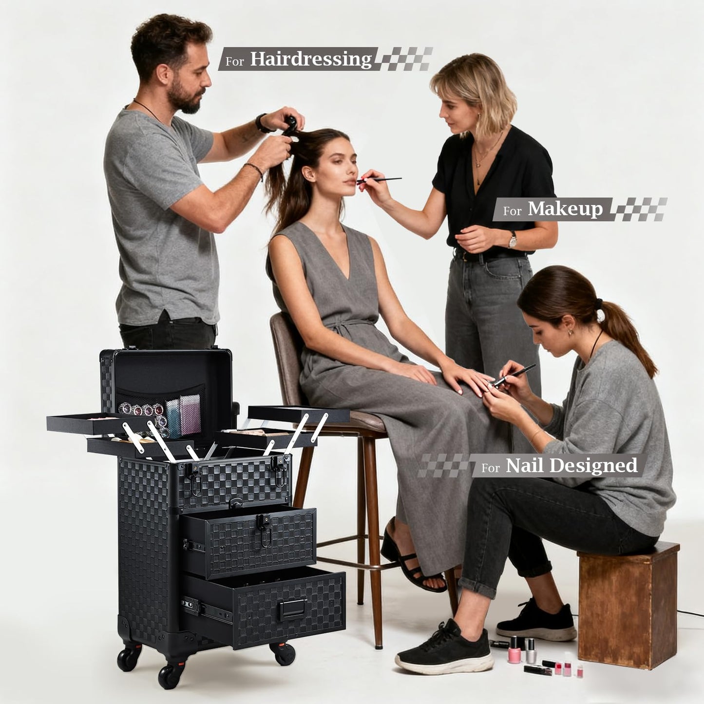 Stagiant Rolling Makeup Case with Drawers Cosmetology Case on Wheels 3 IN 1 Makeup Case 2 Drawers with Foot Stand Spring-release Mechanism Rolling Make Up Organizer for Artist Salon Nail Teach Trunk